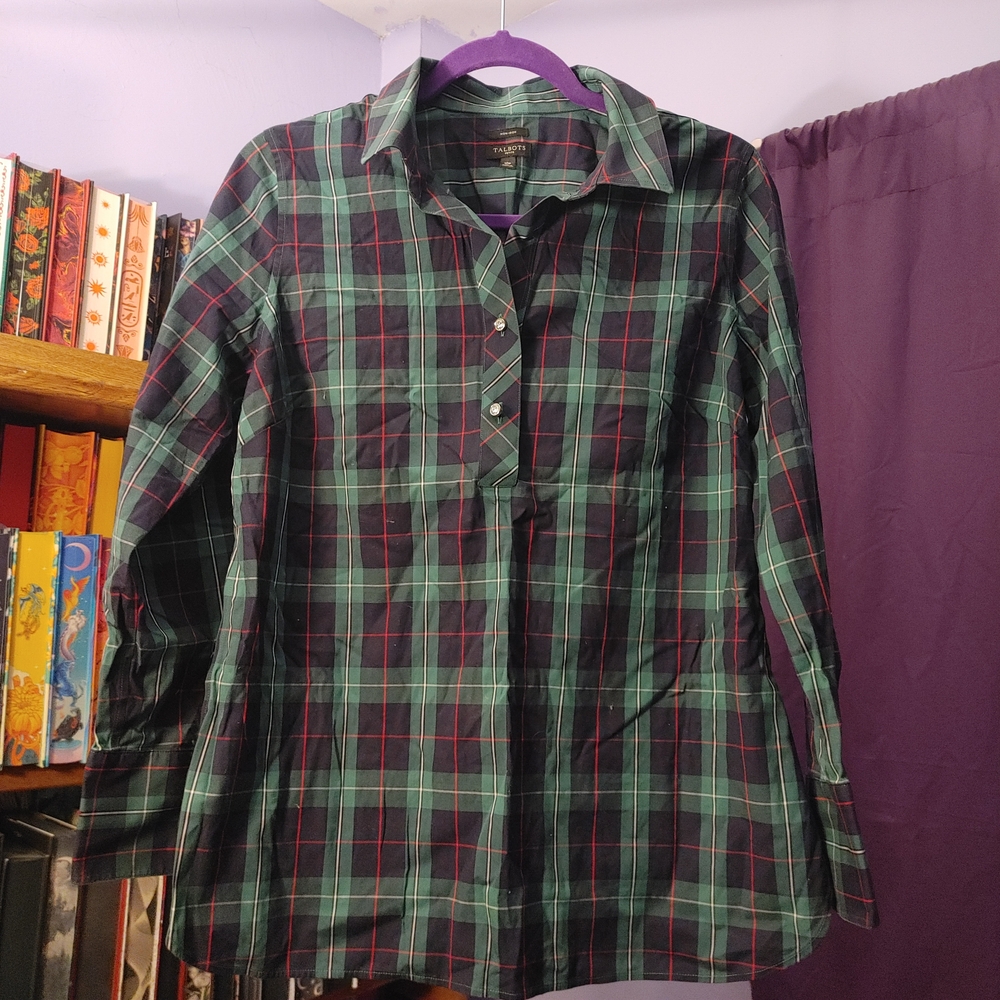 Talbots Non-Iron Plaid Button Down Tunic Shirt - 10P
